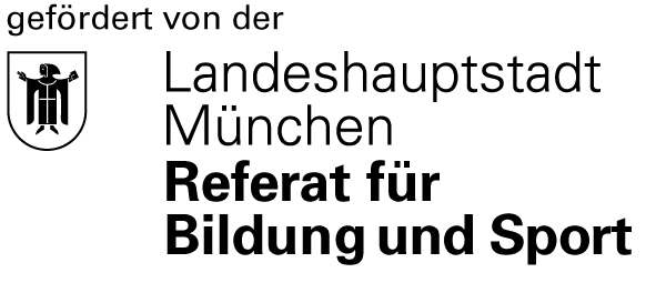 Das ist das Logho der Stadt München. In schwatzer Schrift auf weißem Hintergrund steht Gefördert von der Landeshauptstadt München, Referat für Bildung und Sport