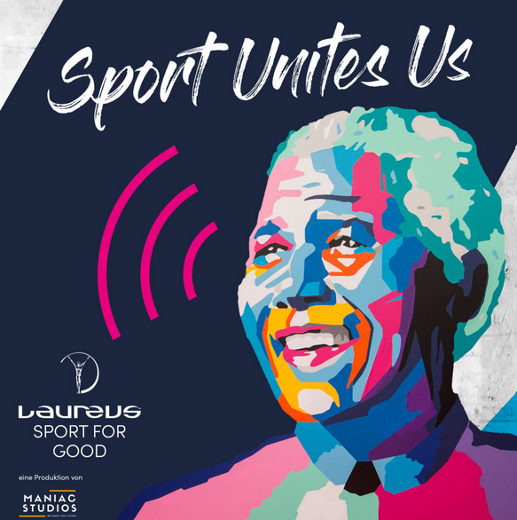Das Logo des Podcasts "Sport Unites Us"von Laureus mit einem Bild on Nelson Mandela
